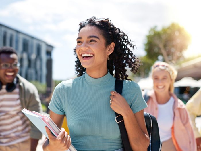 Walking,,Happy,And,Girl,With,Friends,At,University,For,Learning,